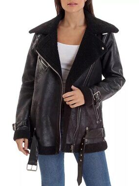 Avec Les Filles Faux Shearling-Lined Black Moto Jacket